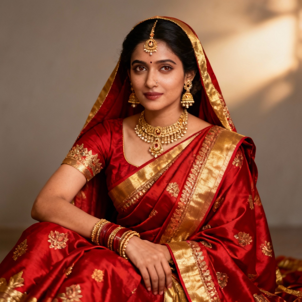 AI red Banarasi silk bridal saree portrait