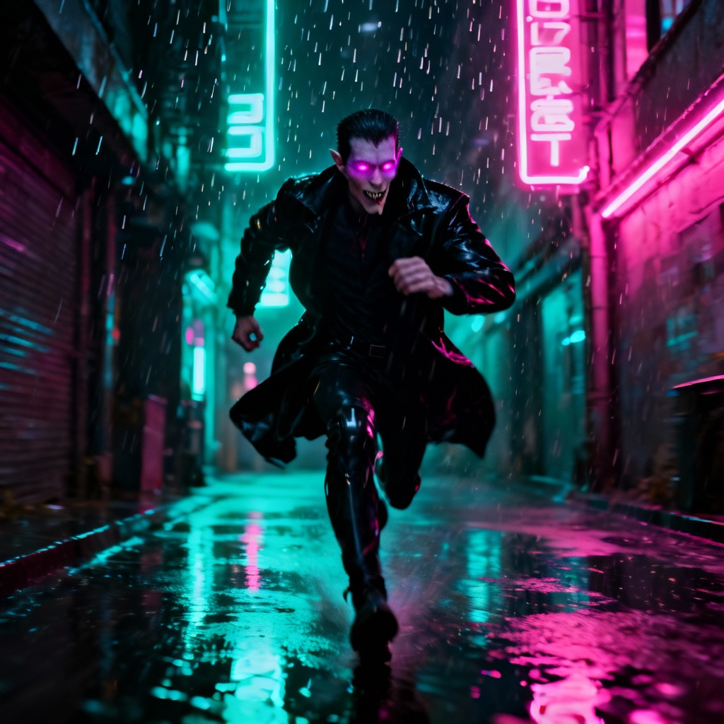 AI cyberpunk vampire running through neon city