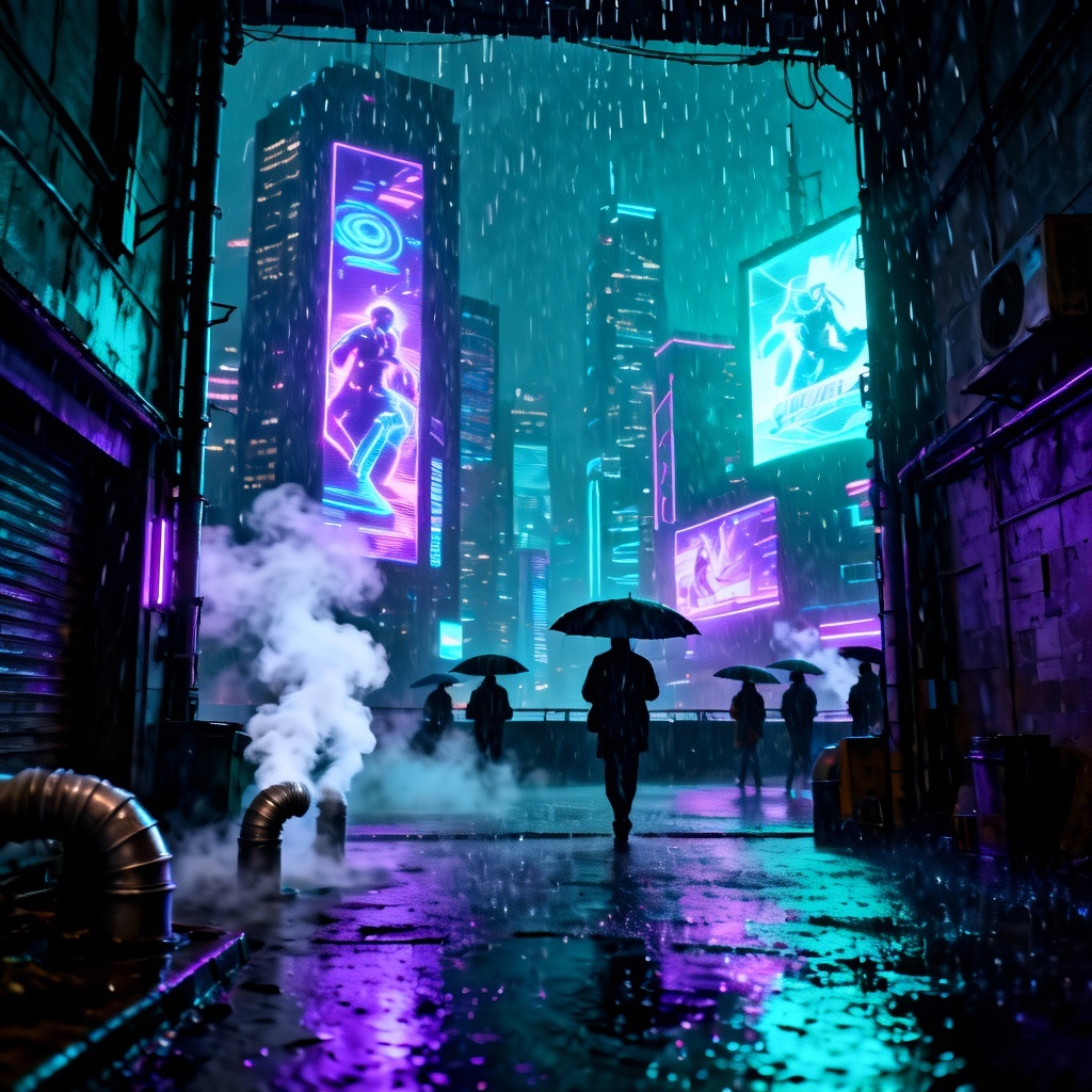 AI cyberpunk alley leading to neon modern cityscape