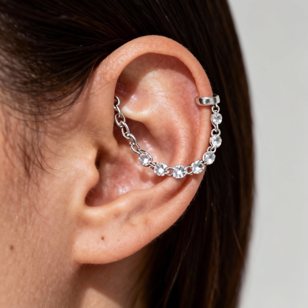 AI-generated crystal helix chain ear cuff on model
