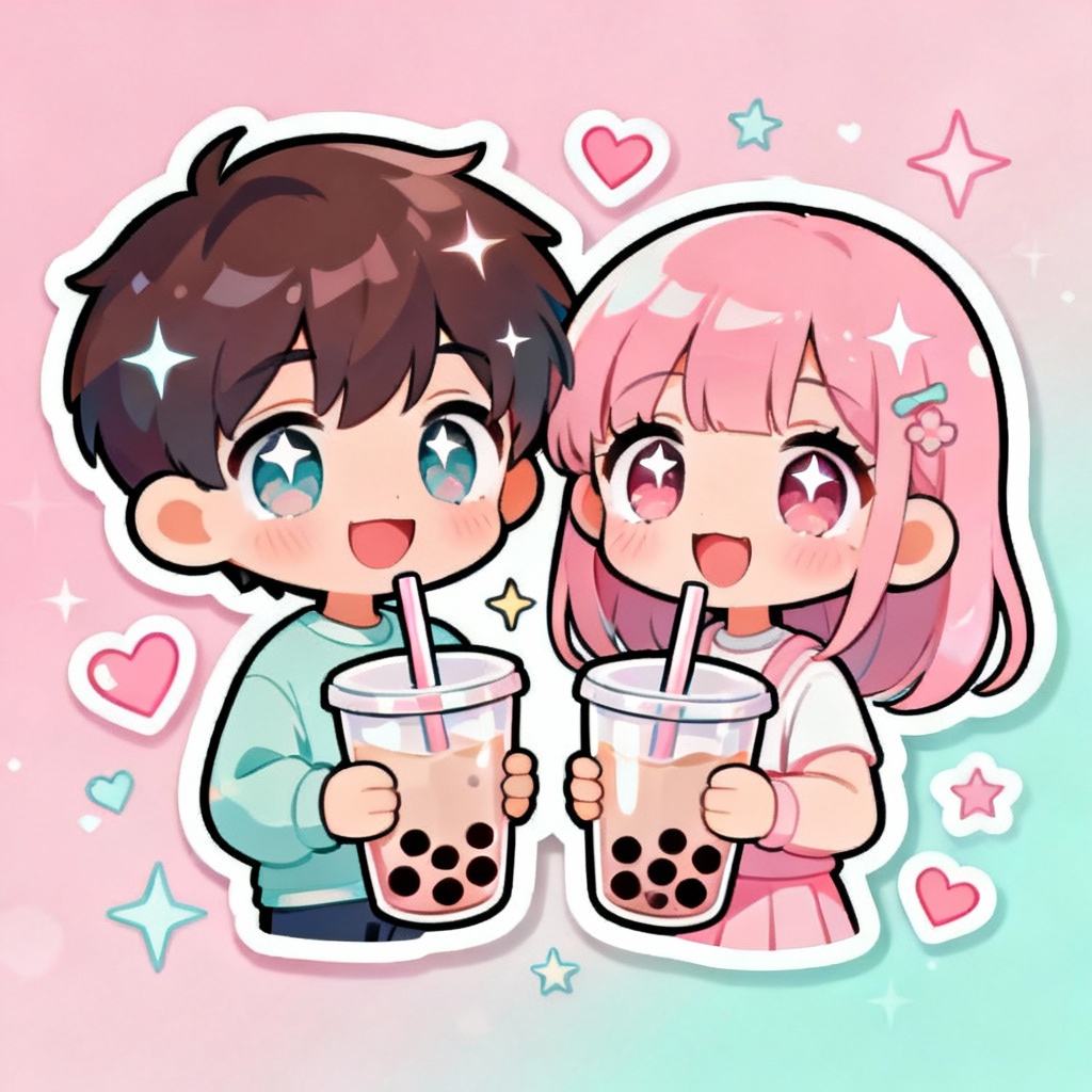 AI kawaii chibi characters holding bubble tea in pastel colors