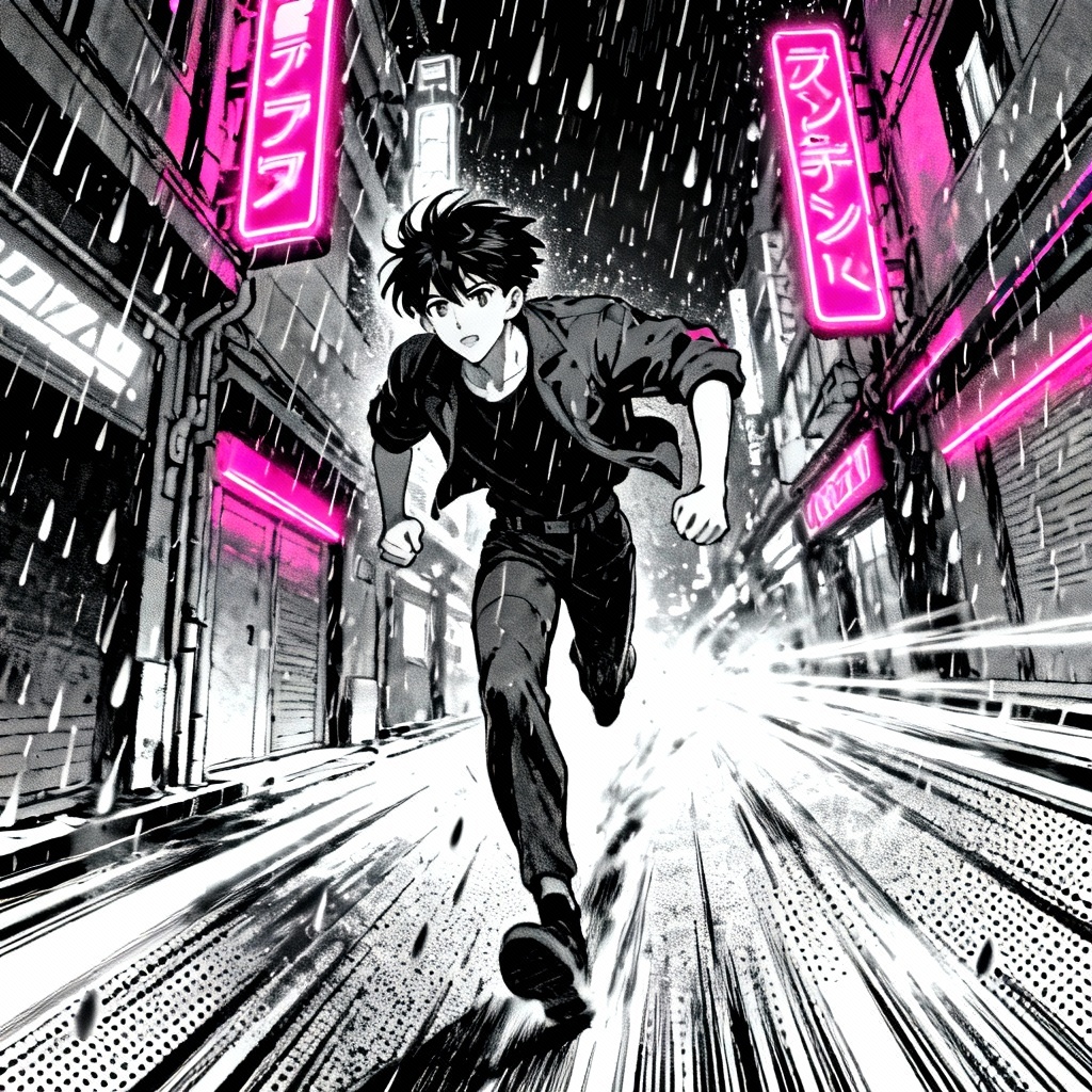 Cyberpunk alley chase manga panel with neon accents