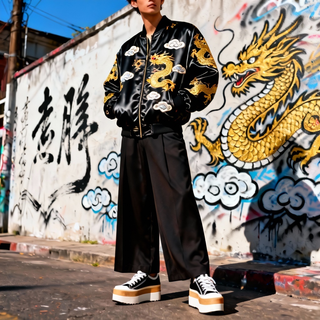 AI Guochao streetwear bomber with golden dragon embroidery