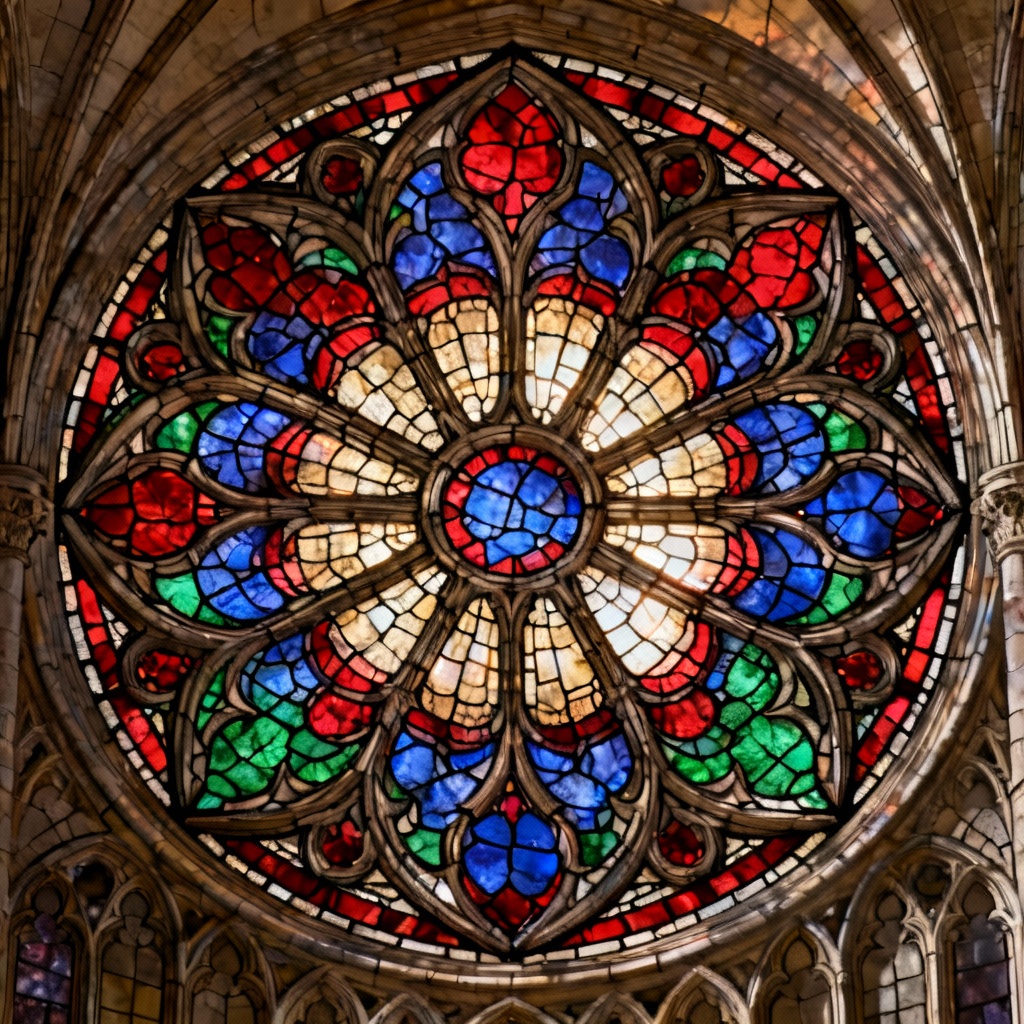 AI Gothic rose window stained glass pattern