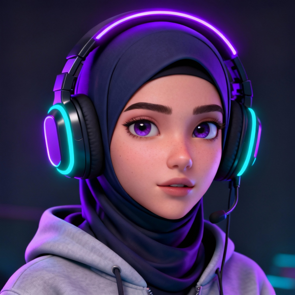 AI hijabi gamer avatar in neon cyber style