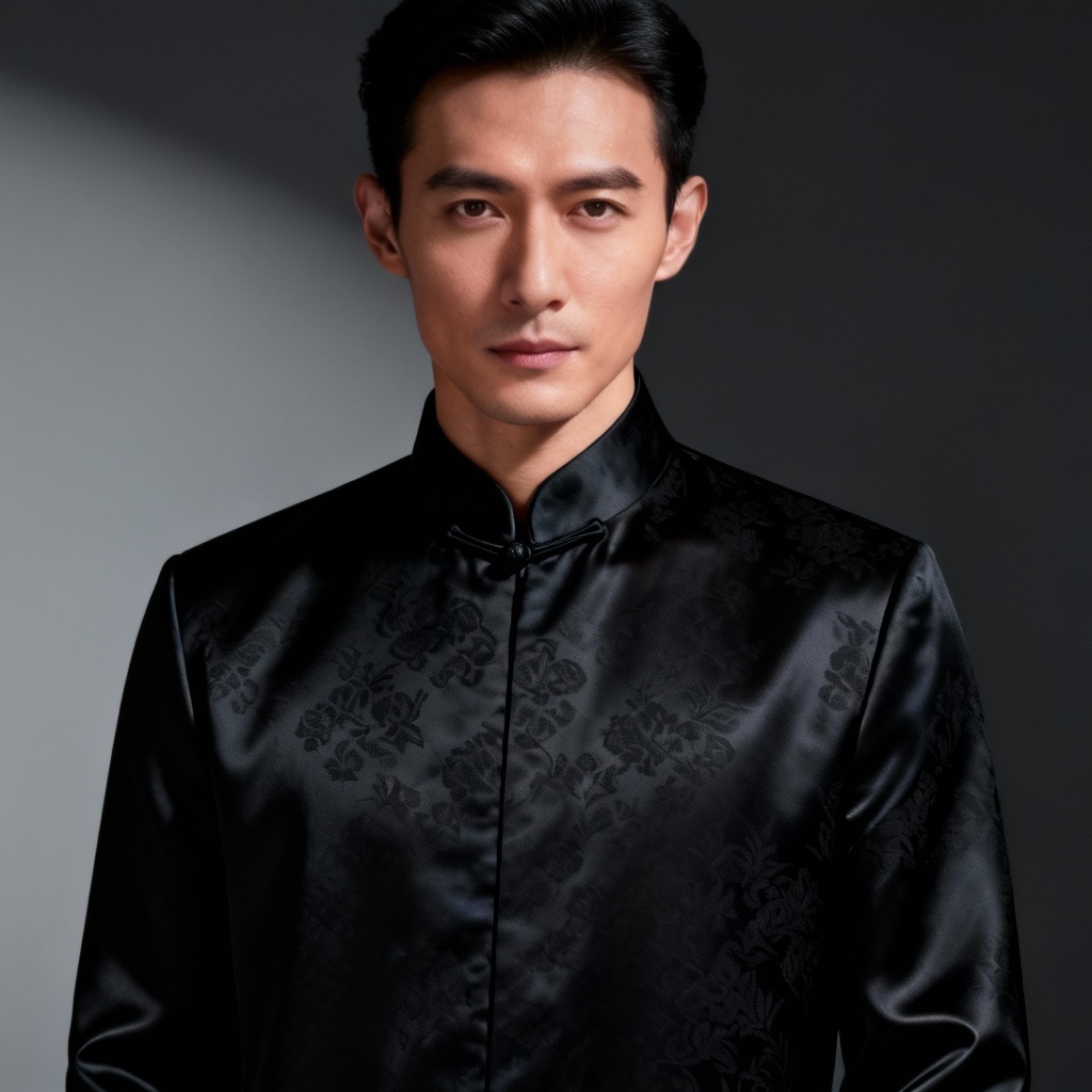 Minimalist black silk men’s Tang suit with matte tone-on-tone pattern