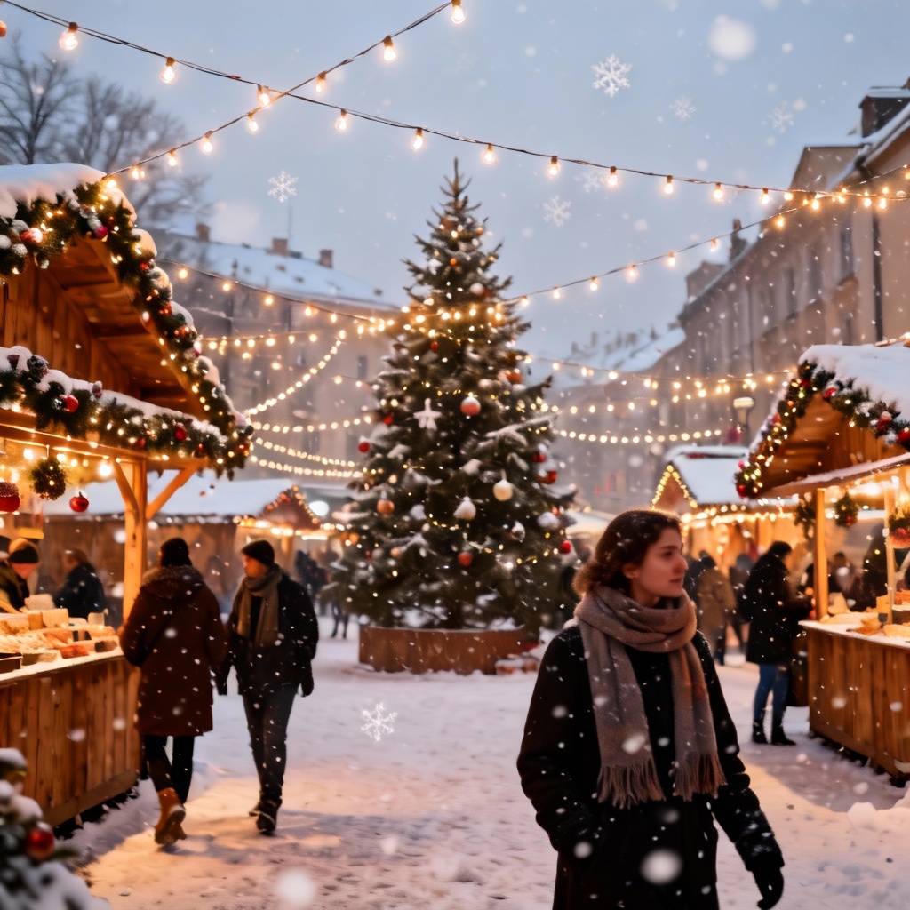 AI Christmas snowy village market with lights and tree