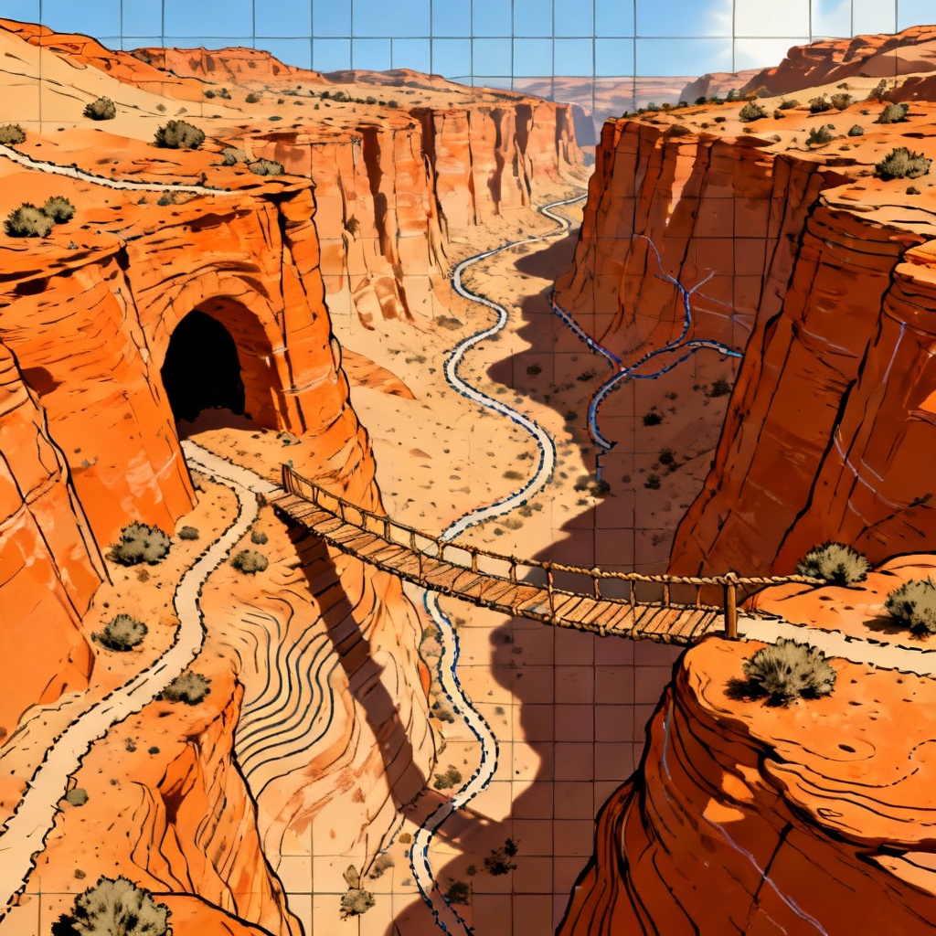Desert canyon ambush map with rope bridges and square grid