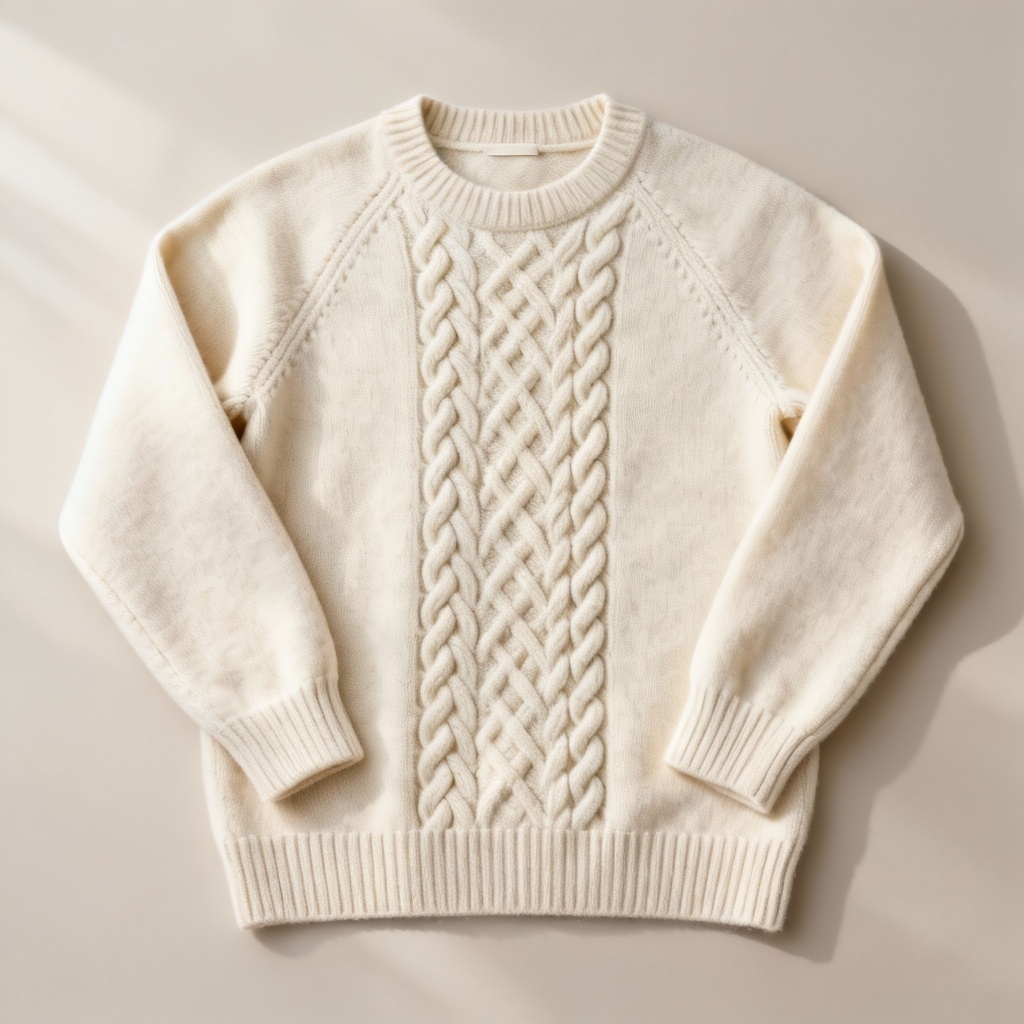 AI knitted sweater mockup in cream cable knit