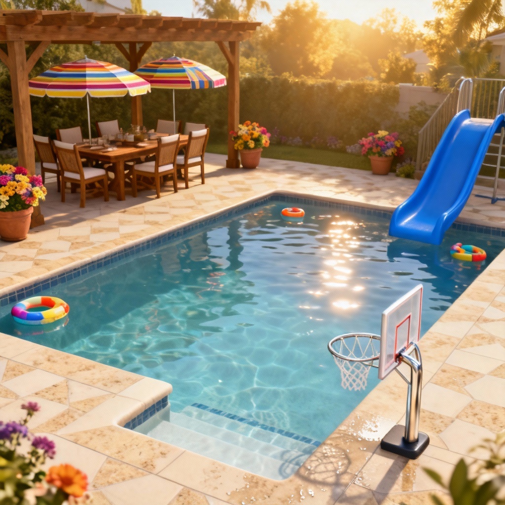 AI family-friendly backyard pool with slide and shallow shelf