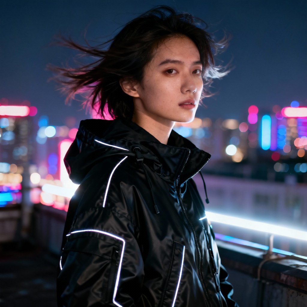 AI black techwear jacket at night