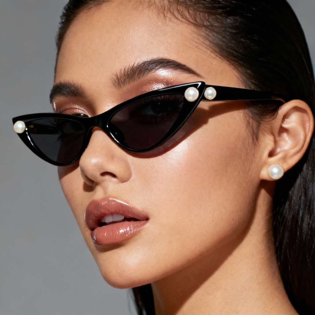 Pearl-studded cat-eye sunglasses in 2000s aesthetic