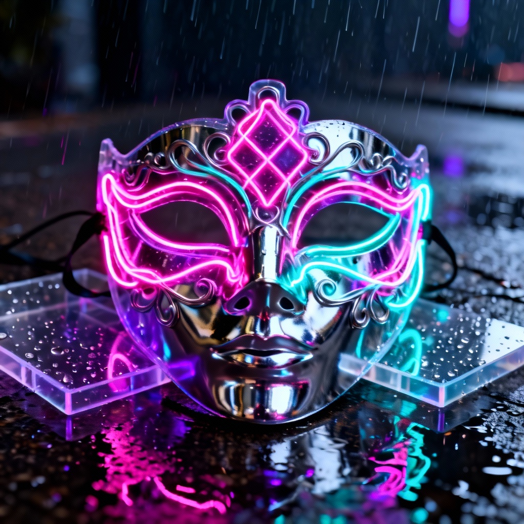 AI neon cyber Venetian mask with glowing filigree lines