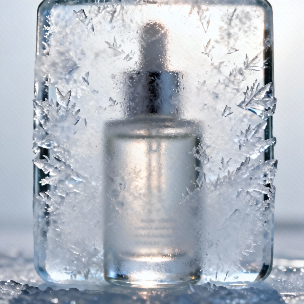 AI frosted glass product shot with ice effect