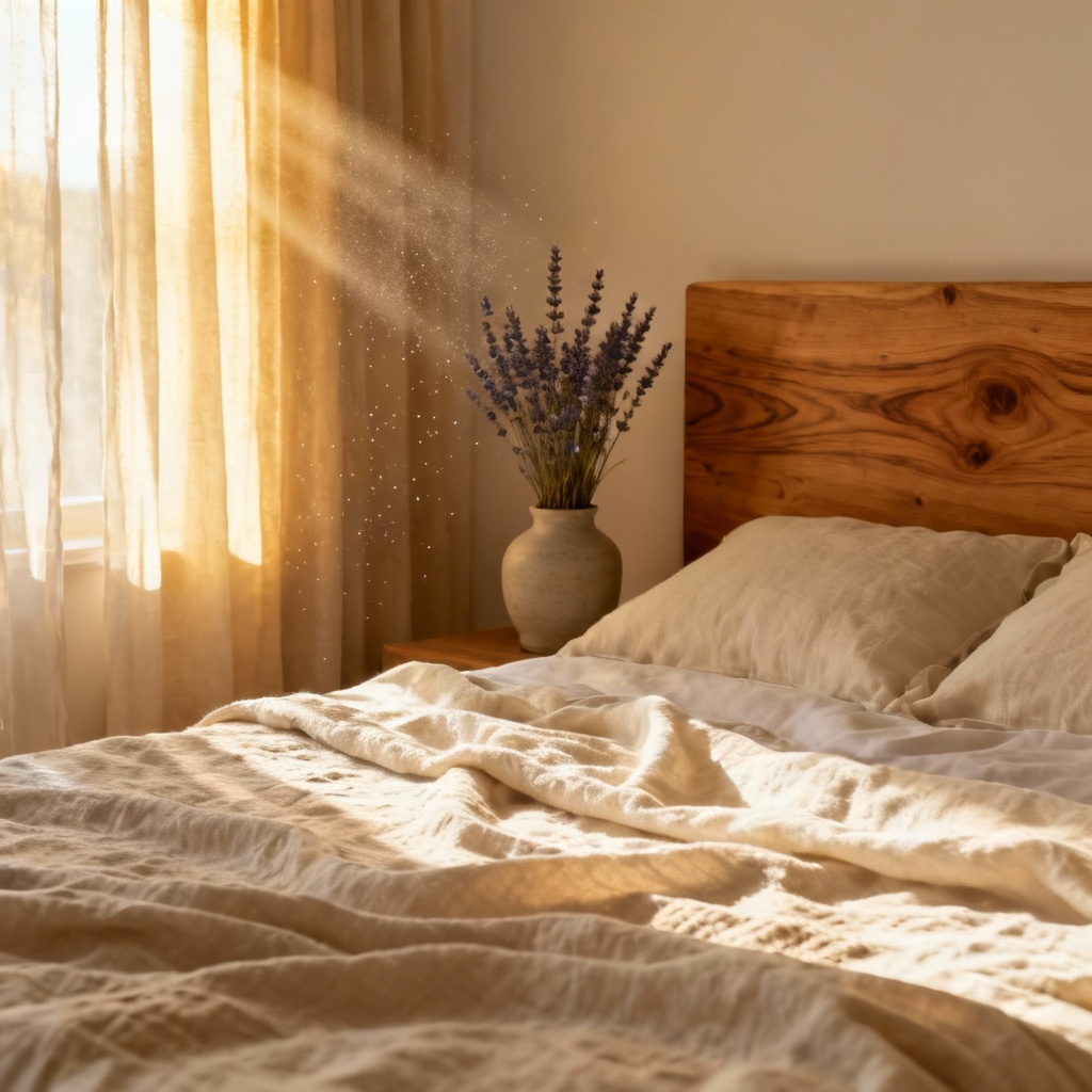 AI Sunlit Cozy Bedroom With Linen Bedding