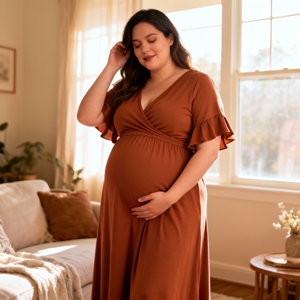 AI maternity empire waist maxi dress lifestyle shot