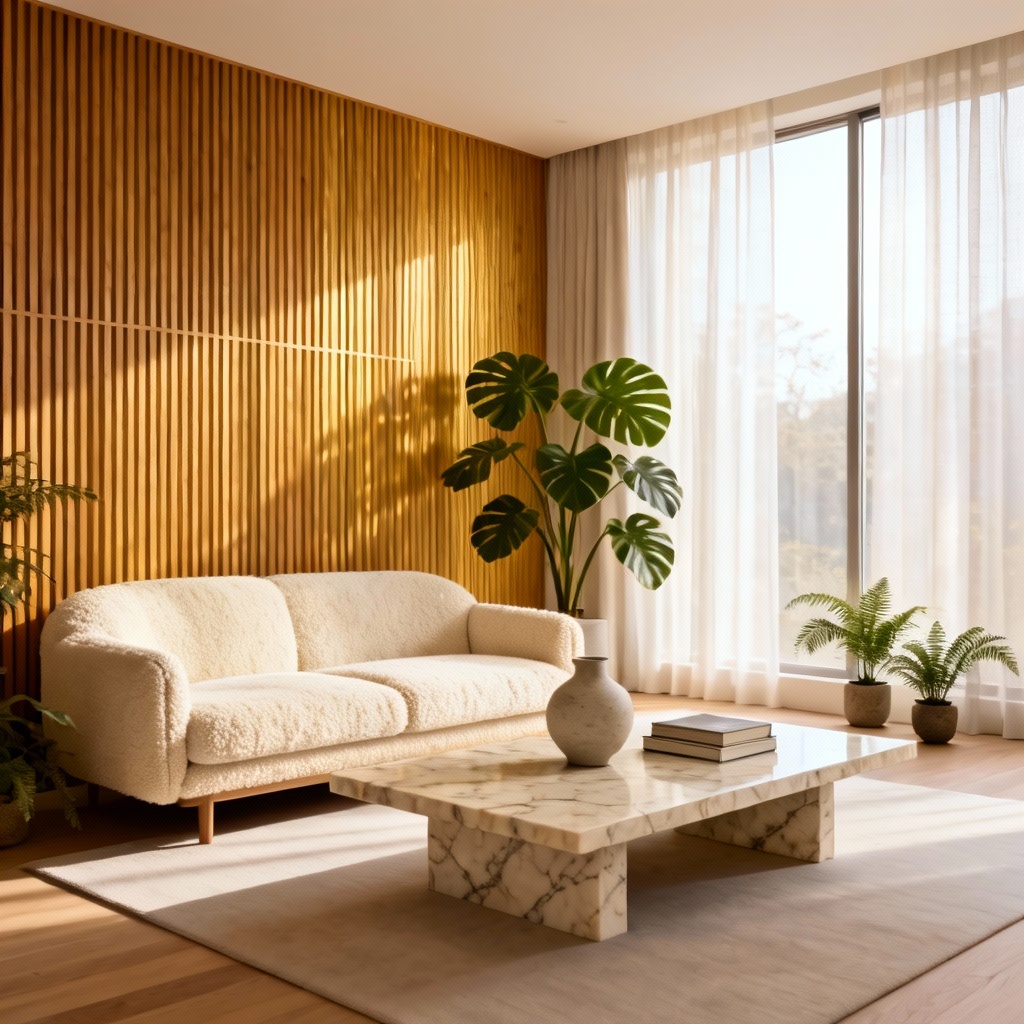 AI contemporary living room interior design render in Japandi style