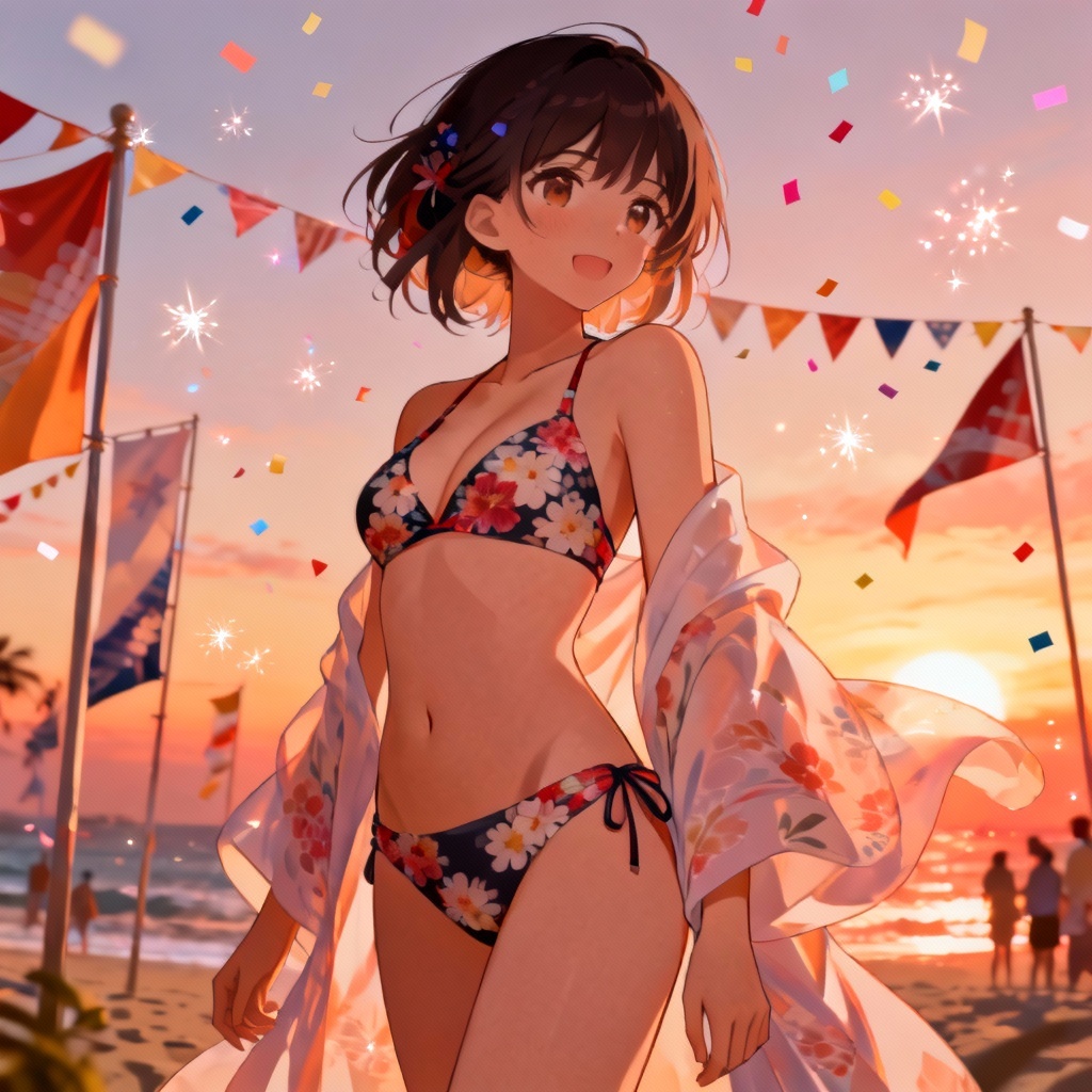 Festival-themed waifu in floral bikini with light kimono cover-up