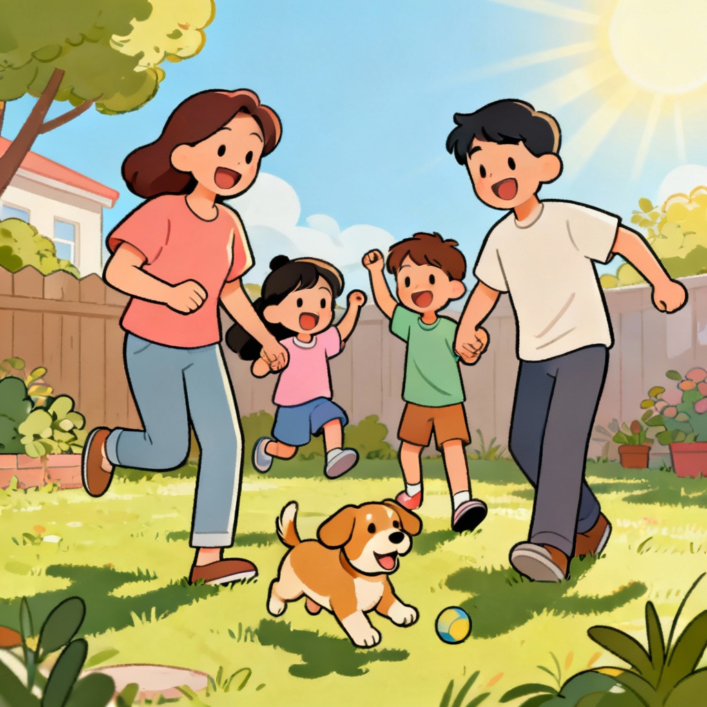 AI cartoon family with puppy illustration
