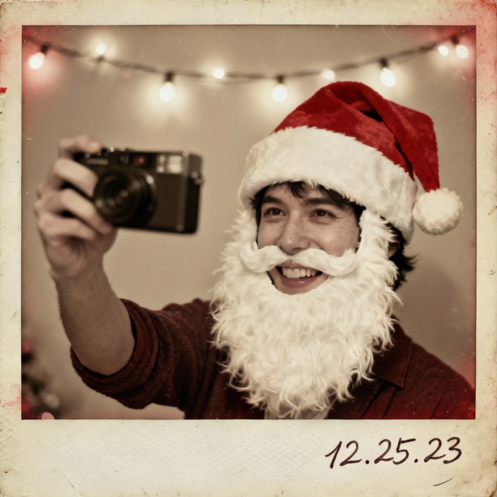 Retro Polaroid Santa selfie aesthetic