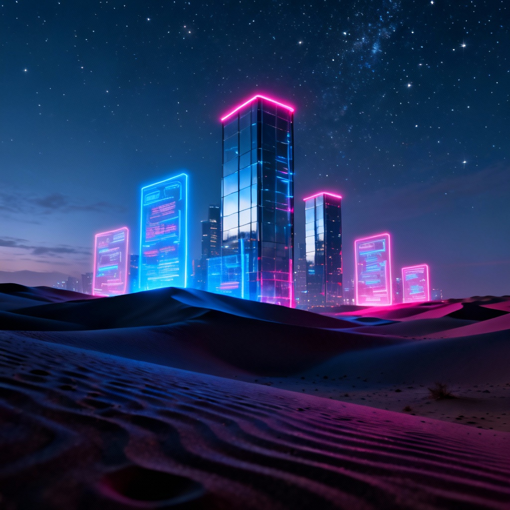 Futuristic neon-lit city emerging from desert dunes at night