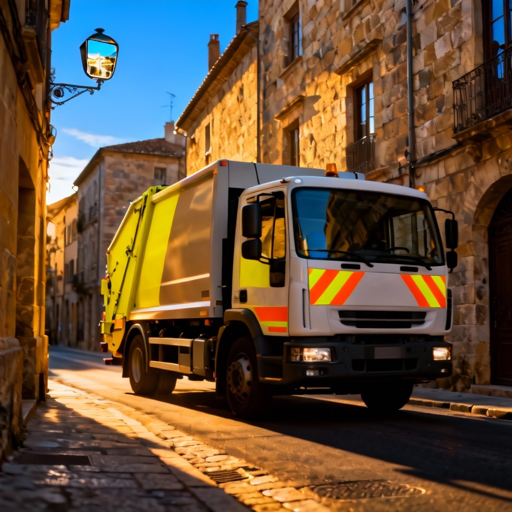 AI compact cabover garbage truck on narrow city street