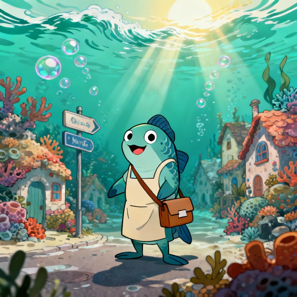 AI Bikini Bottom citizen standing in a colorful undersea town with coral houses