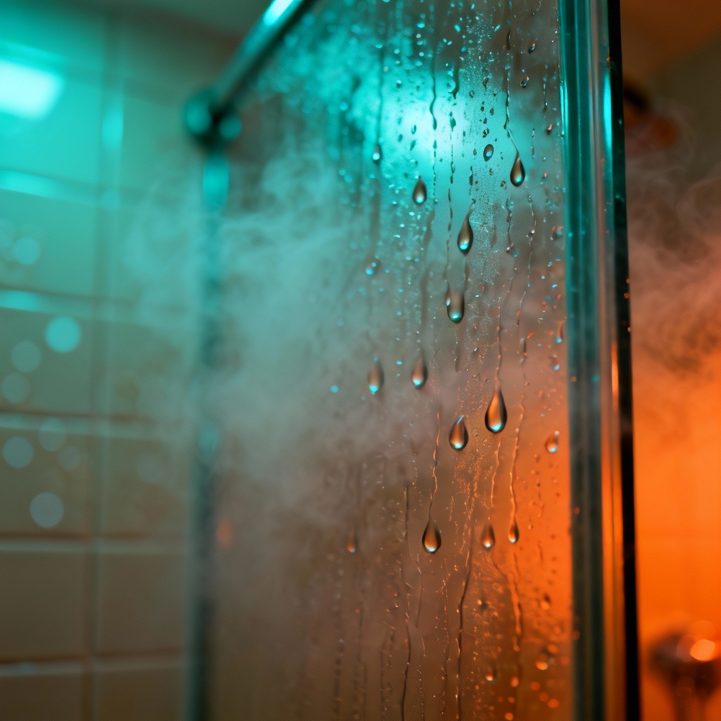AI cinematic bathroom close-up with water droplets
