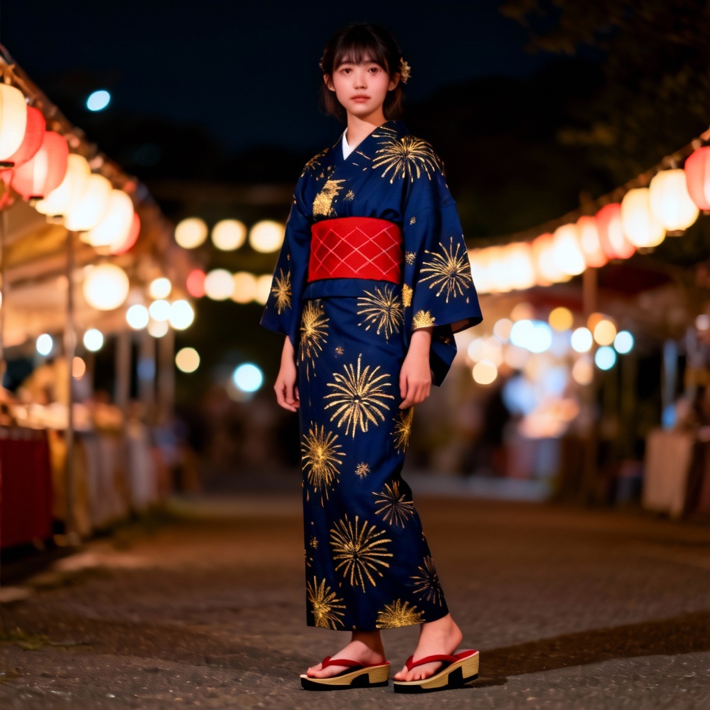 Virtual yukata try-on with navy fireworks print and red obi