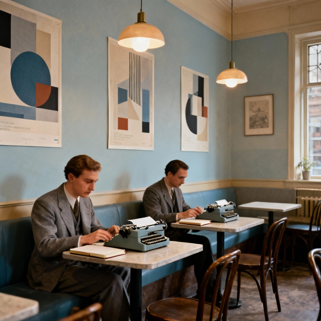 AI image of a Modernist Bloomsbury style cafe