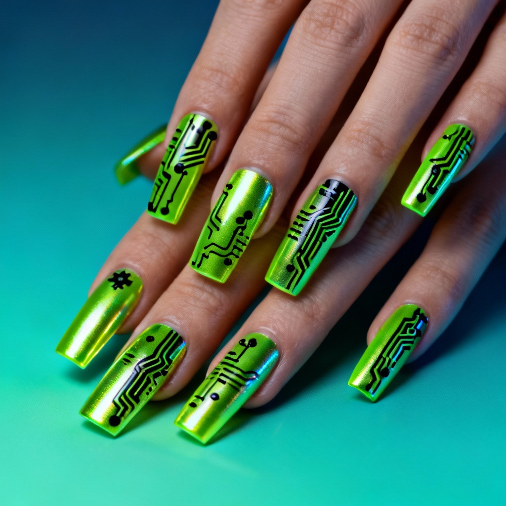 AI neon lime chrome cyber Y2K nails with micro decals