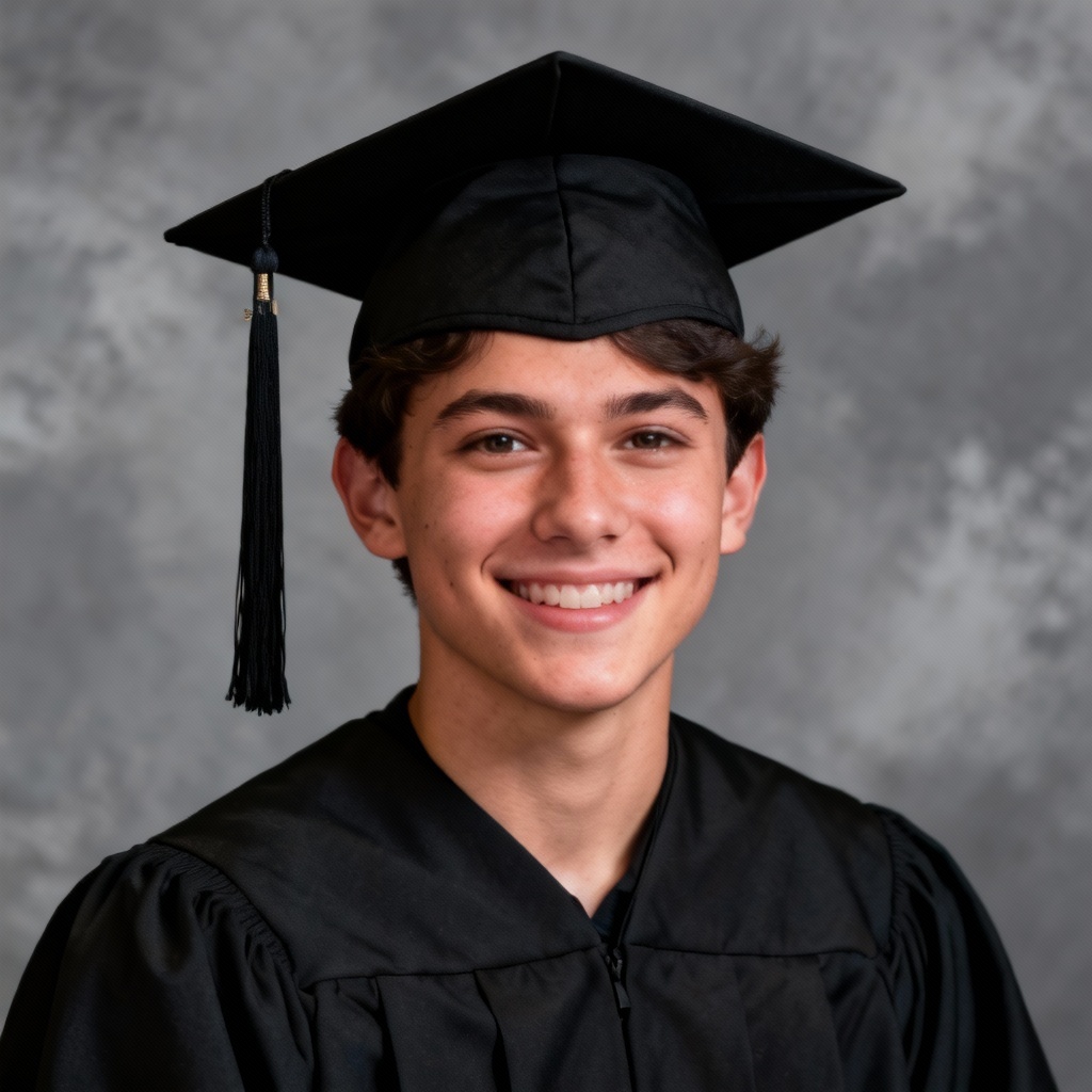 AI cap and gown yearbook portrait on gray backdrop