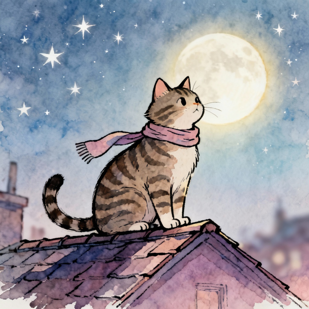 AI cat storybook cover with tabby hero under a moonlit sky