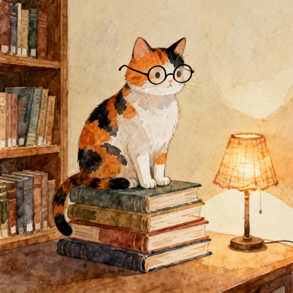AI cozy library cat narrator art