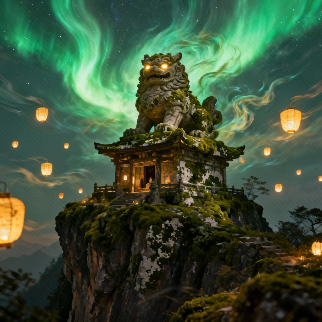 Stone guardian at a shrine under aurora sky
