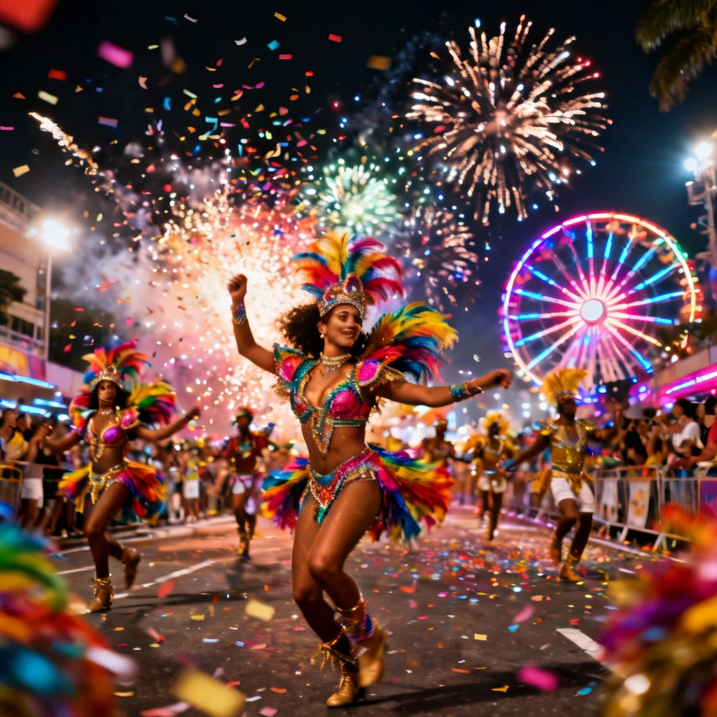 AI carnival parade at night with dancers, lights, and fireworks