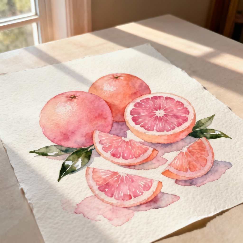 AI watercolor still life of grapefruits and leaves