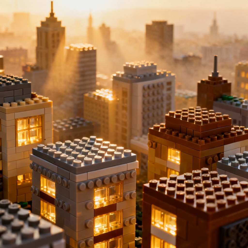 AI lego city skyline at sunset