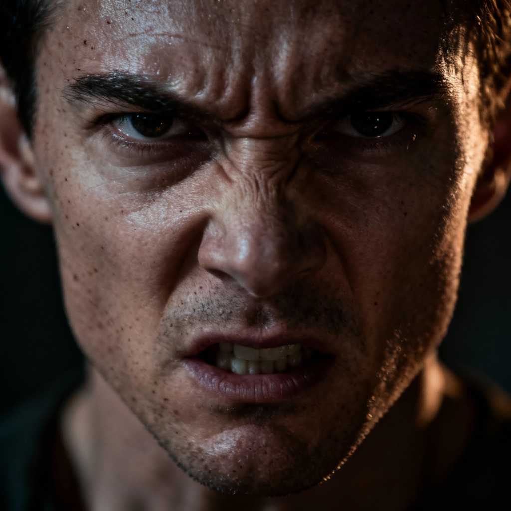 AI portrait with intense anger expression and dramatic lighting