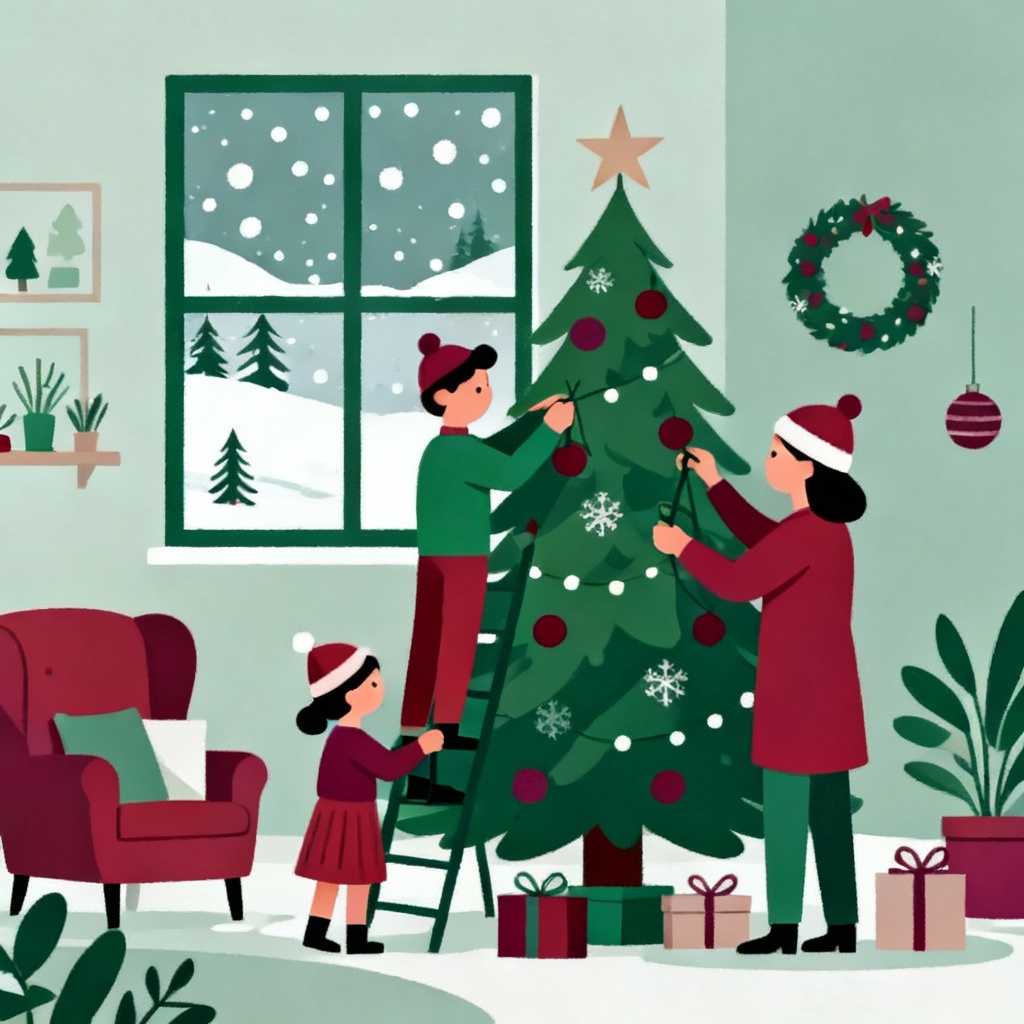 Flat Nordic style family decorating Christmas tree