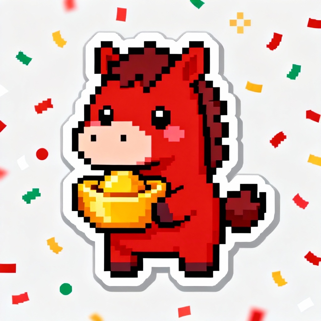 AI pixel art lucky red horse sticker with gold ingot