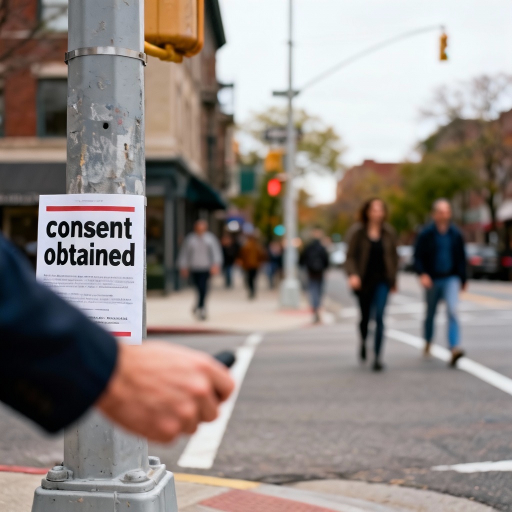 AI hidden camera social experiment with consent poster