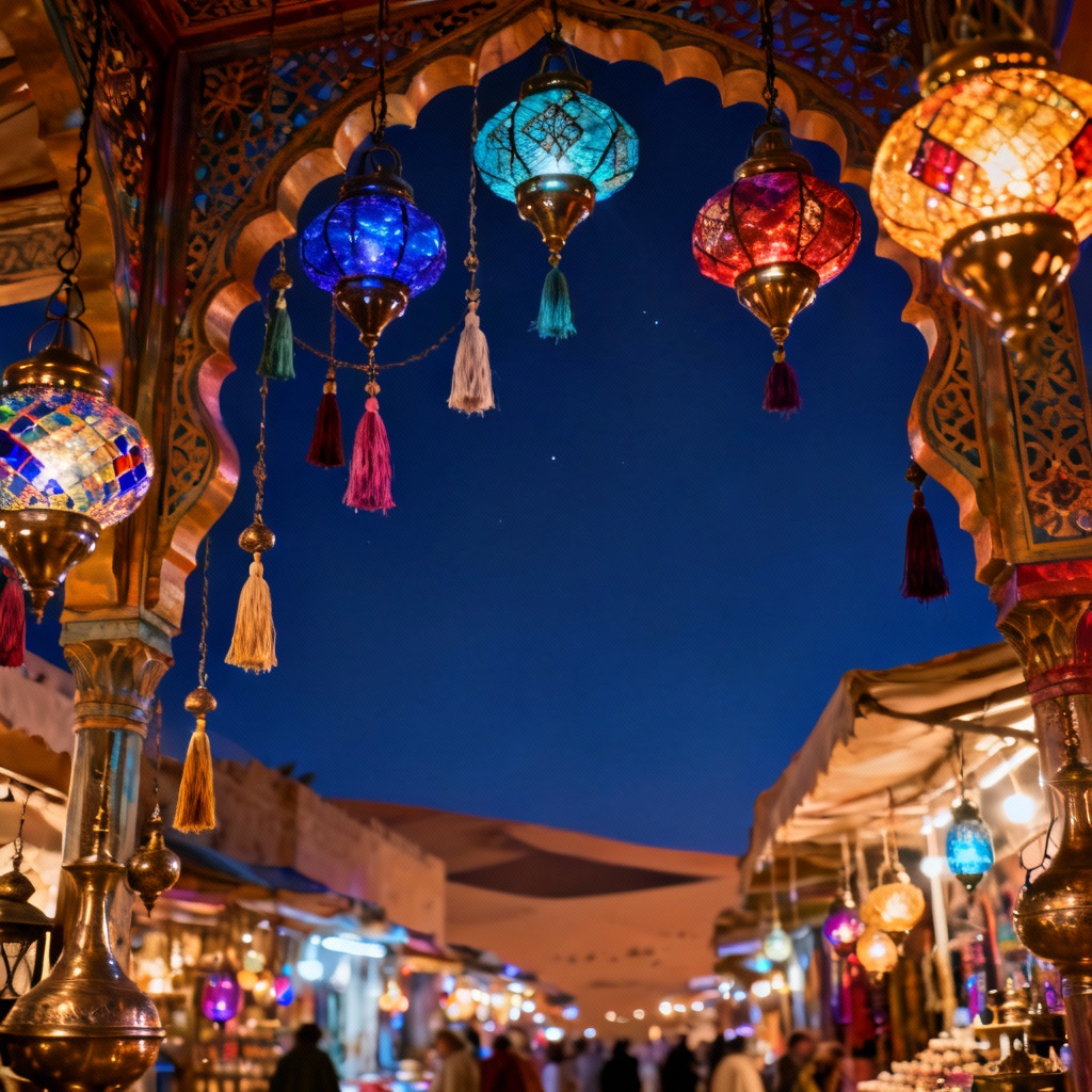 Exotic night bazaar poster with jewel-toned lanterns and arches