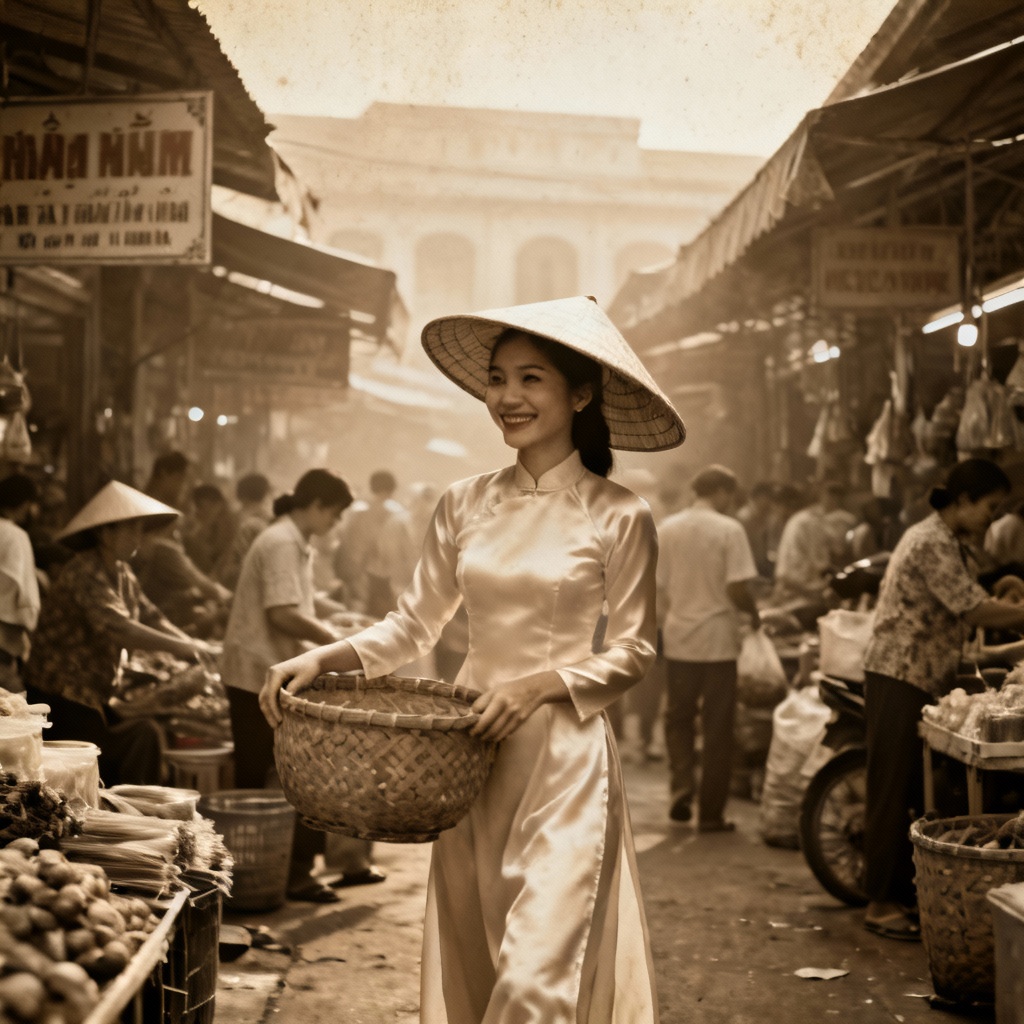 Ao dai portrait at Ben Thanh Market in vintage style