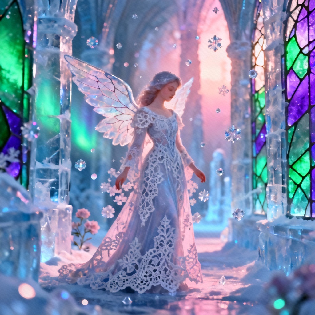Winter angel in a glowing ice cathedral