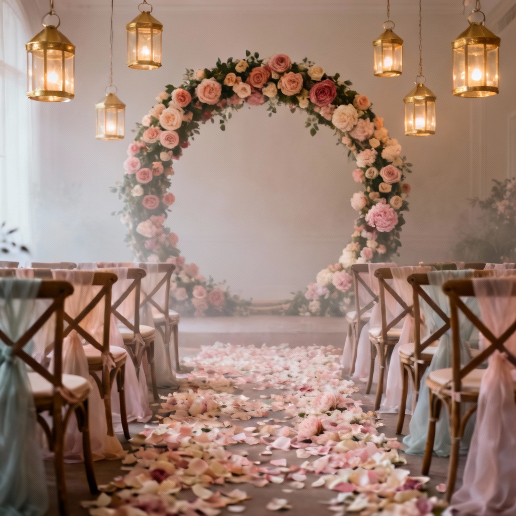 AI romantic garden wedding aisle decorations with floral circle arch