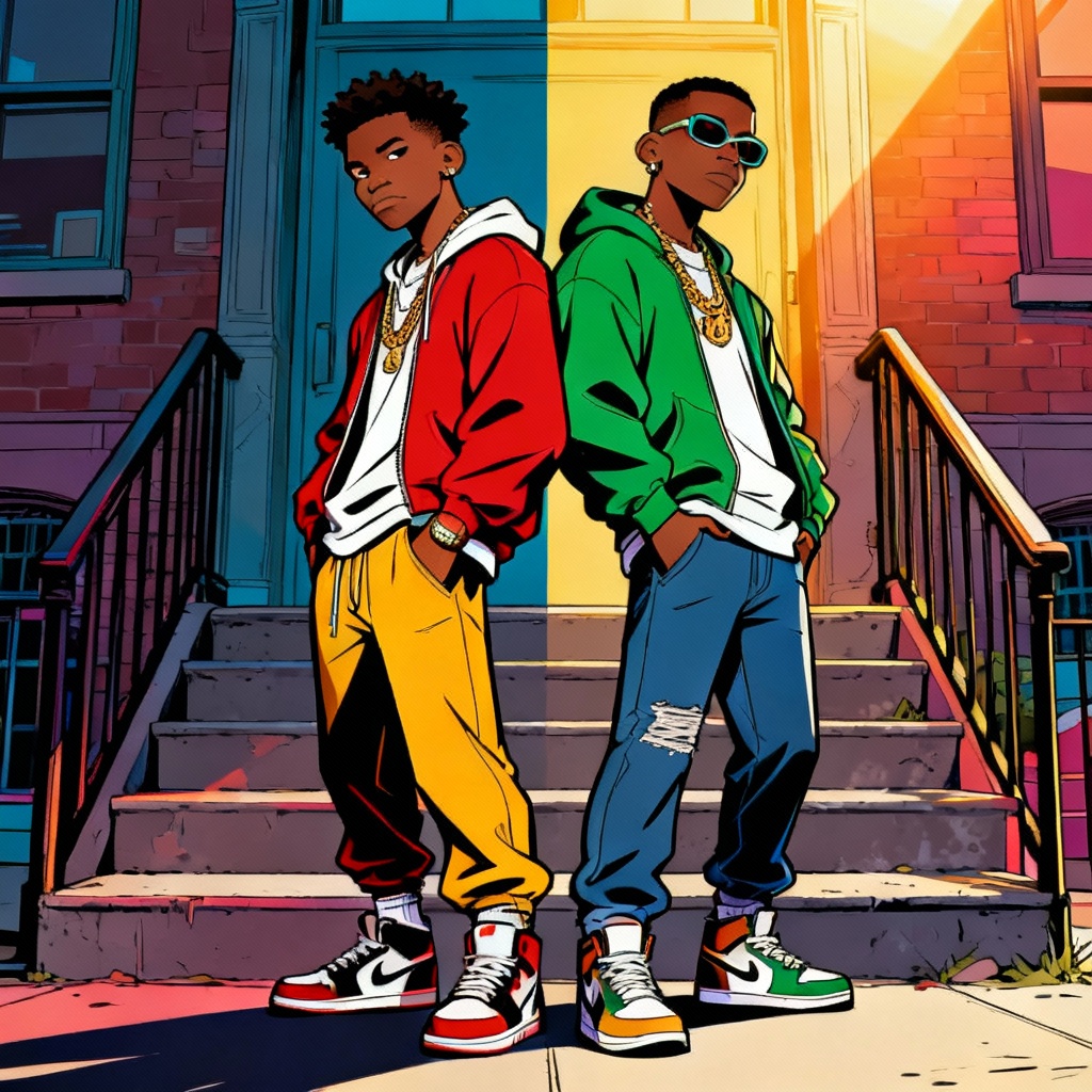 AI Boondocks-style duo character pose on a stoop