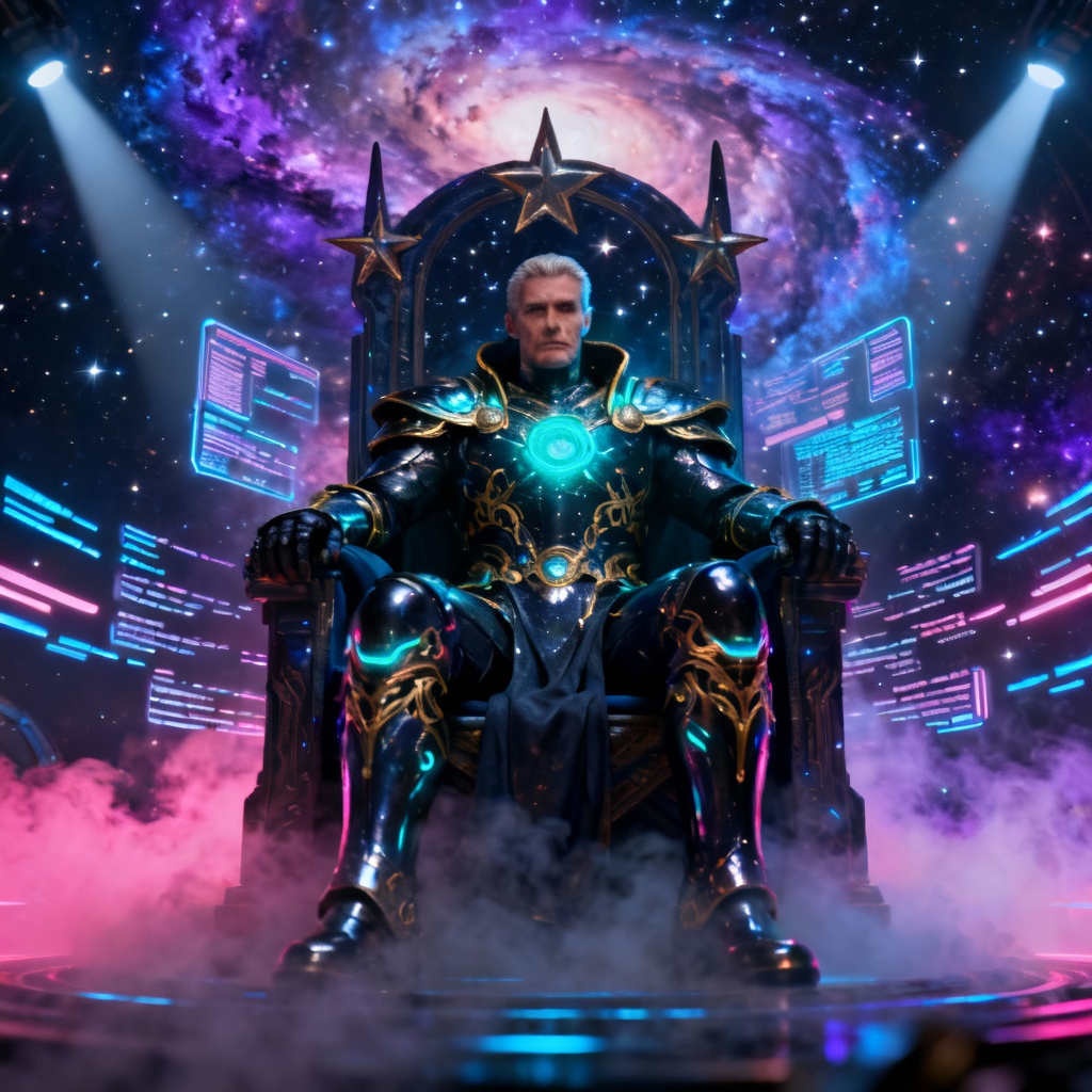 AI galactic emperor with neon armor