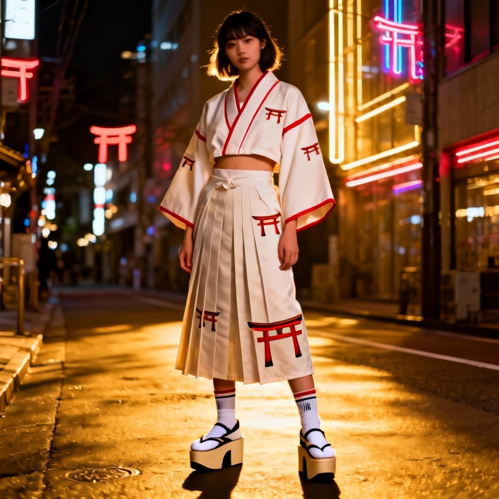 Modern streetwear miko outfit with haori and hakama-inspired skirt