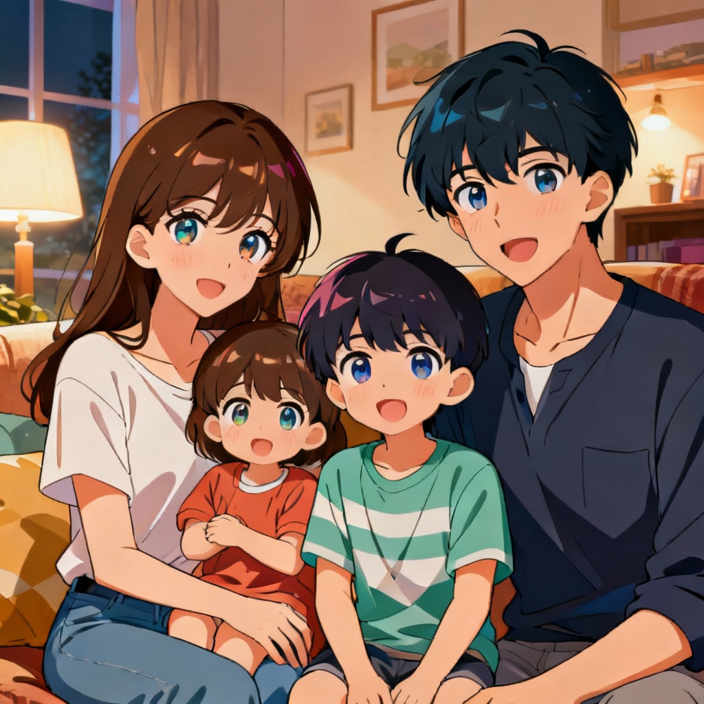 AI anime family portrait with expressive eyes and vibrant colors